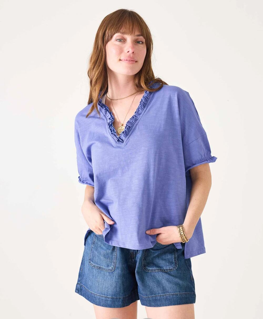 Mersea Amelia Ruffle Tee Size OS Blue Violet Oversized V-Neck Boxy Top Coastal